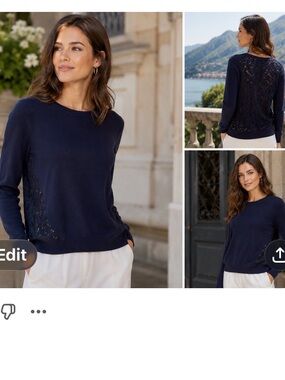 Diane von Furstenberg Lace Panel Sweater Navy Blue Knit Top Medium